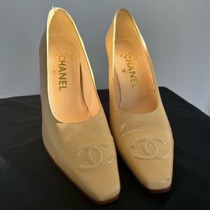 Vintage Chanel CC Square Toe Nude Heels